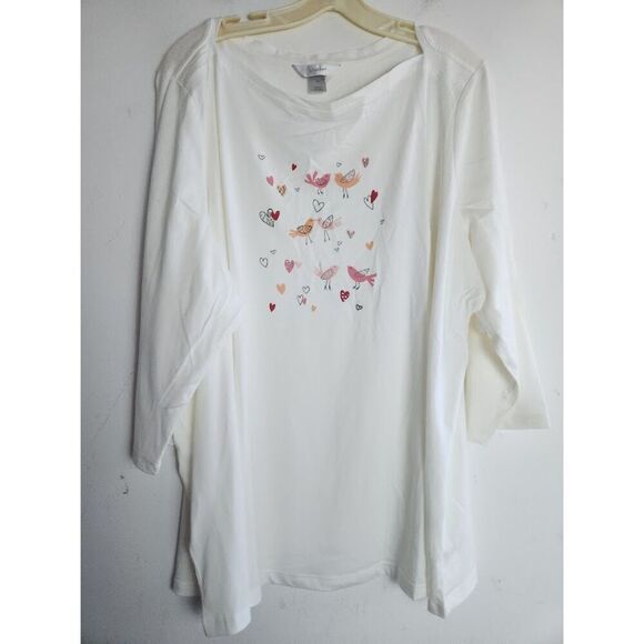 NWT CJ Banks Women Ivory Whte w/Bird & Hearts Print 100% Cotton Blouse size 3X - Picture 1 of 8